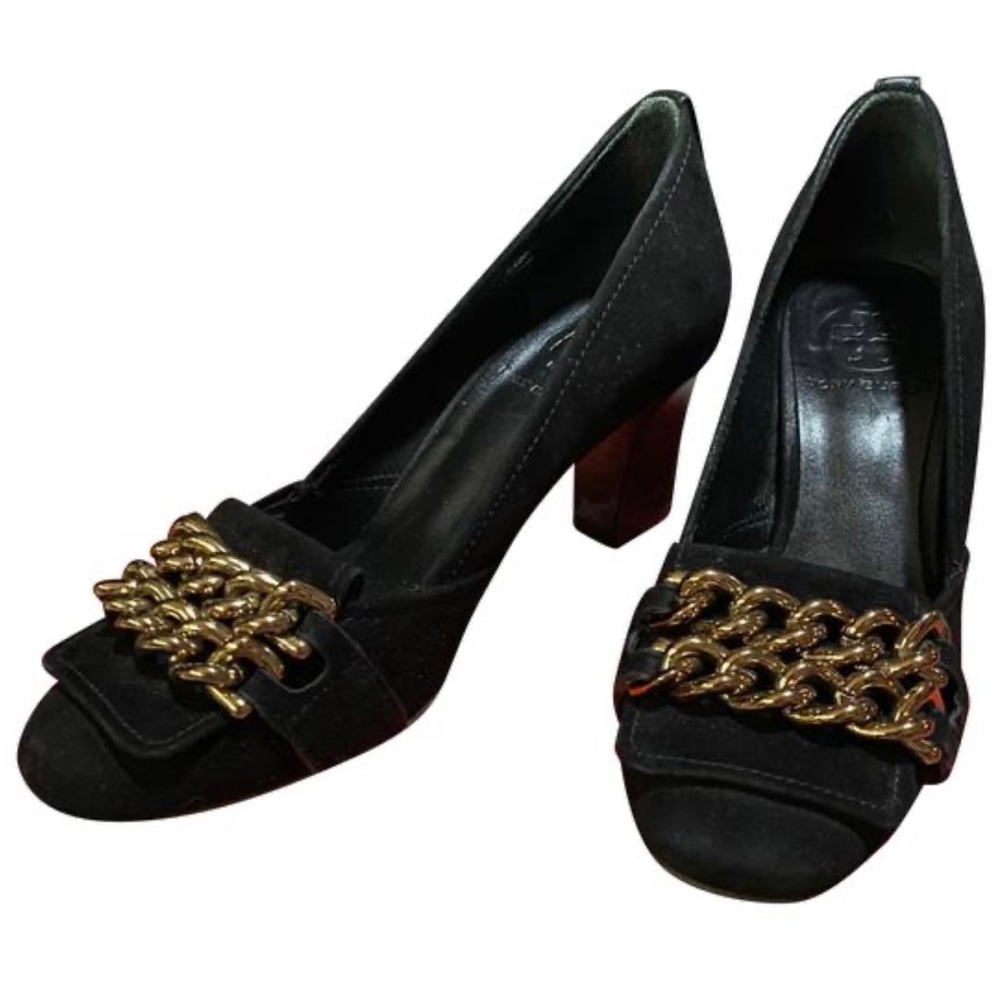 Tory Burch Black Hana 65mm Pumps- Suede/Metal Chain